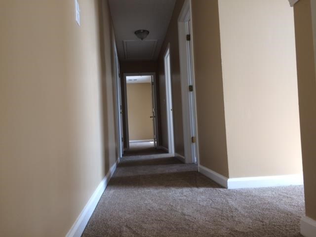 a long hallway with multiple doors and a carpeted floor