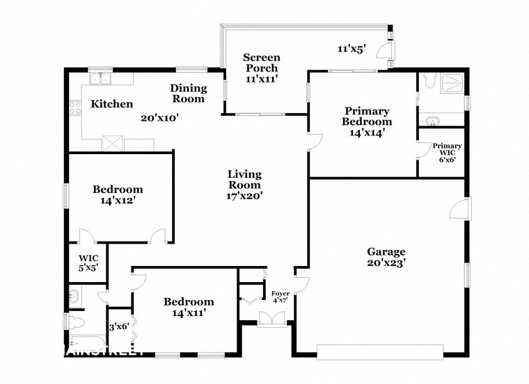 a floor plan of a house with two bedrooms and a living room and a kitchen