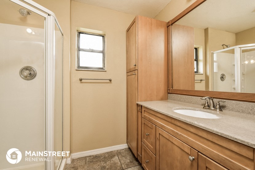 a bathroom with a sink and a shower and a mirror