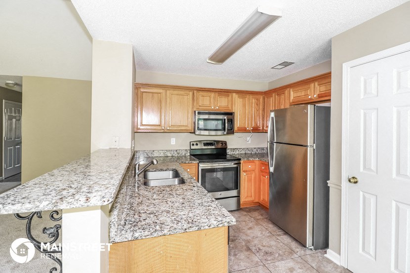 a kitchen with granite counter tops and stainless steel appliances