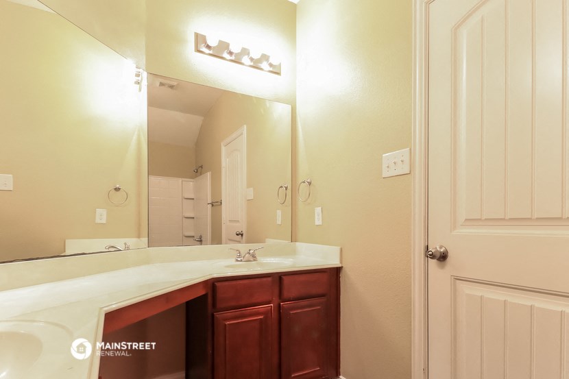 a bathroom with a sink and a large mirror