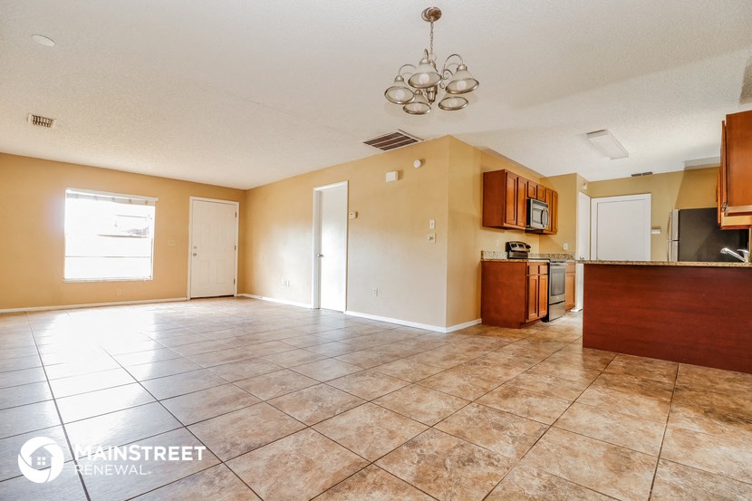 the living room and kitchen of this home are clean and ready for guests to use
