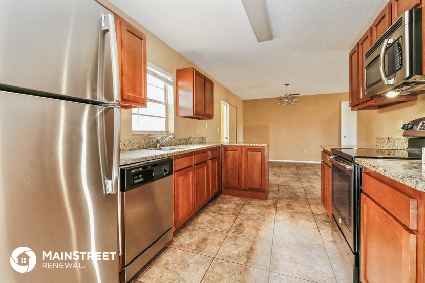 a kitchen with stainless steel appliances and wooden cabinets