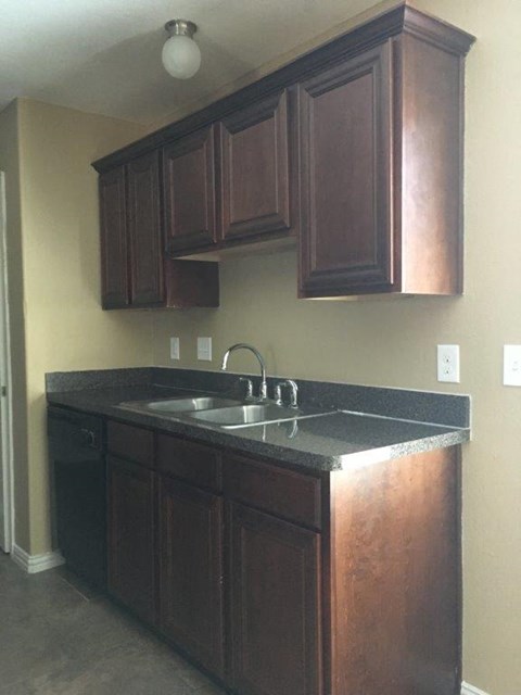 a kitchen with a sink and wooden cabinets