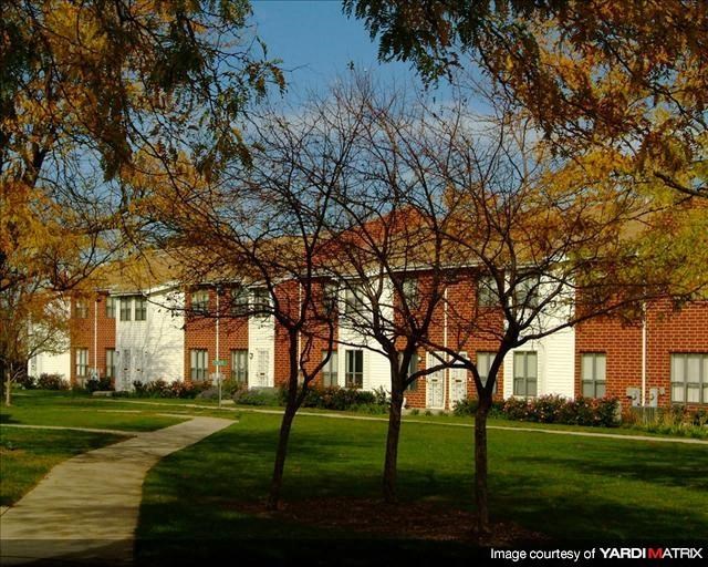 a group of trees in front of a building