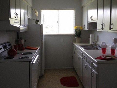 a white kitchen with a stove and a sink
