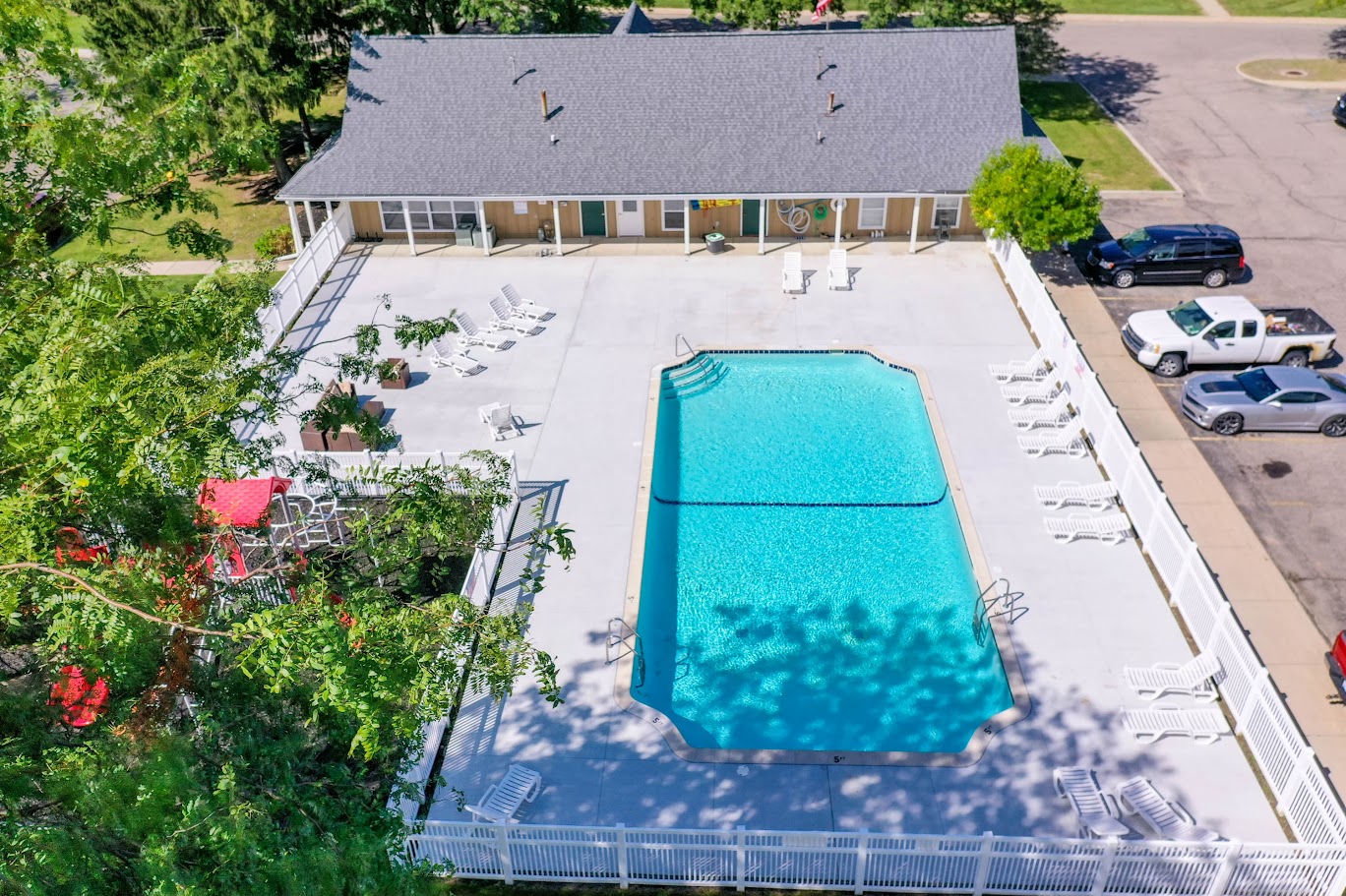 a view of the pool from above at the resort on a swimming pool