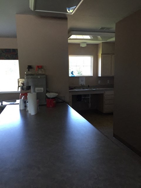 a kitchen is being remodeled with a long counter
