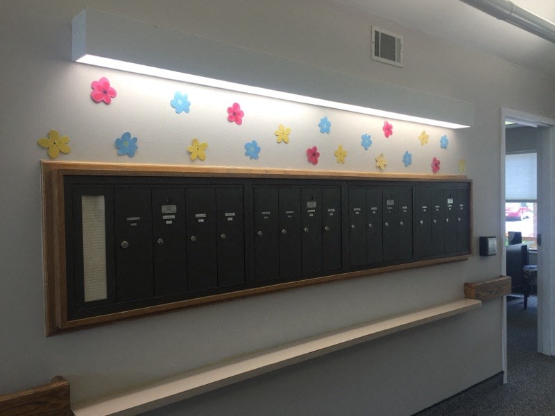 a bulletin board on the wall of a classroom with flowers on it