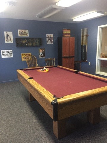 a red pool table in a blue room