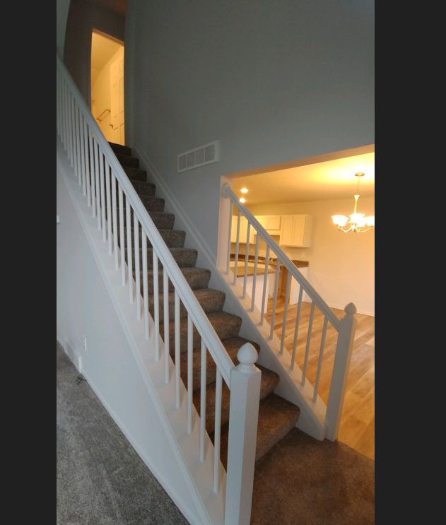 a stairway with a white railing and a carpeted floor