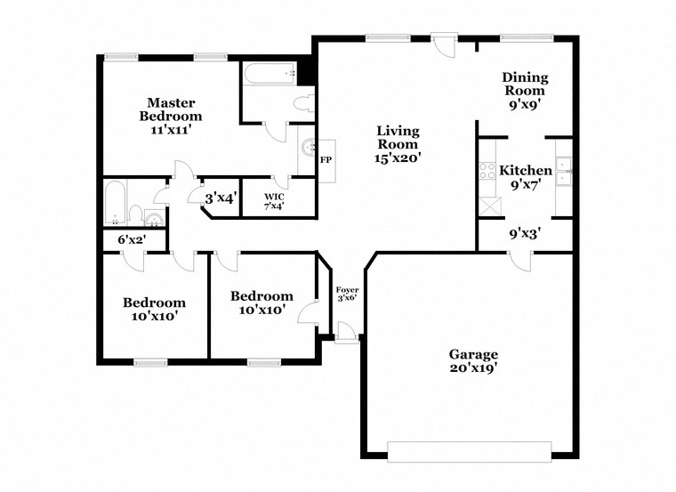 a floor plan of a house with two bedrooms and two bathrooms