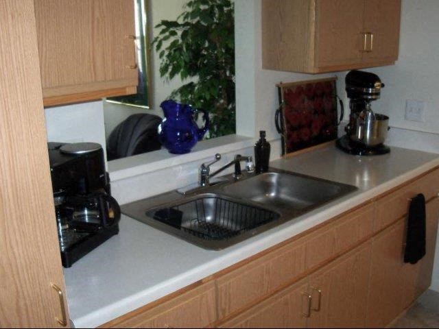 a kitchen counter with a sink and a window