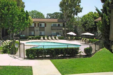 A pool surrounded by a black fence and trees.