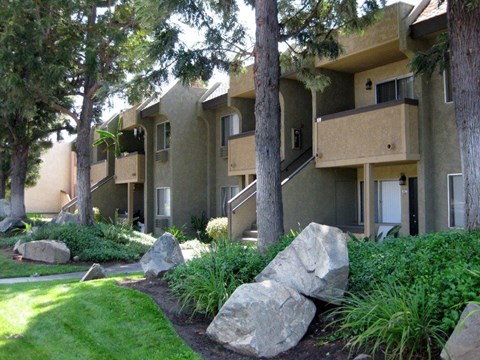 Apartment complex with greenery in front.