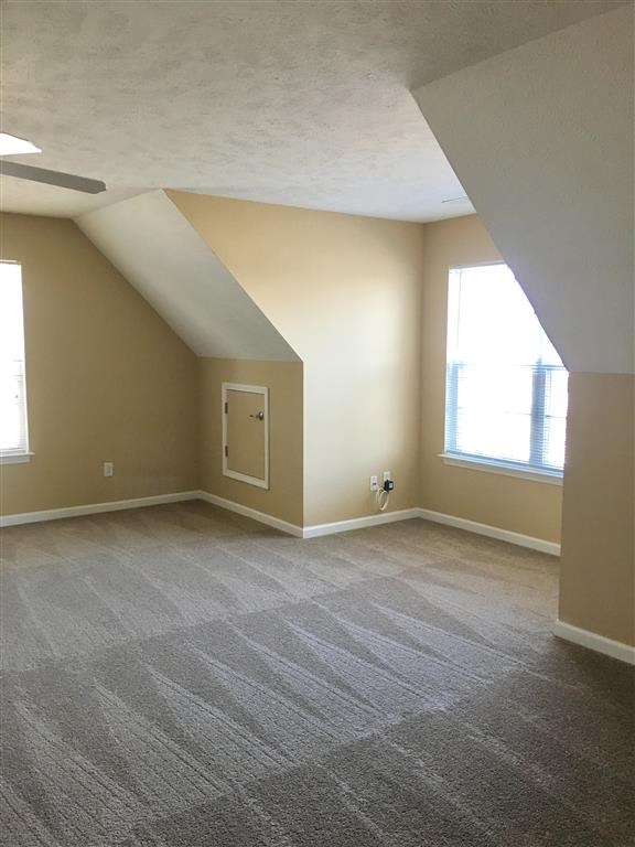 an empty living room with carpet and a window