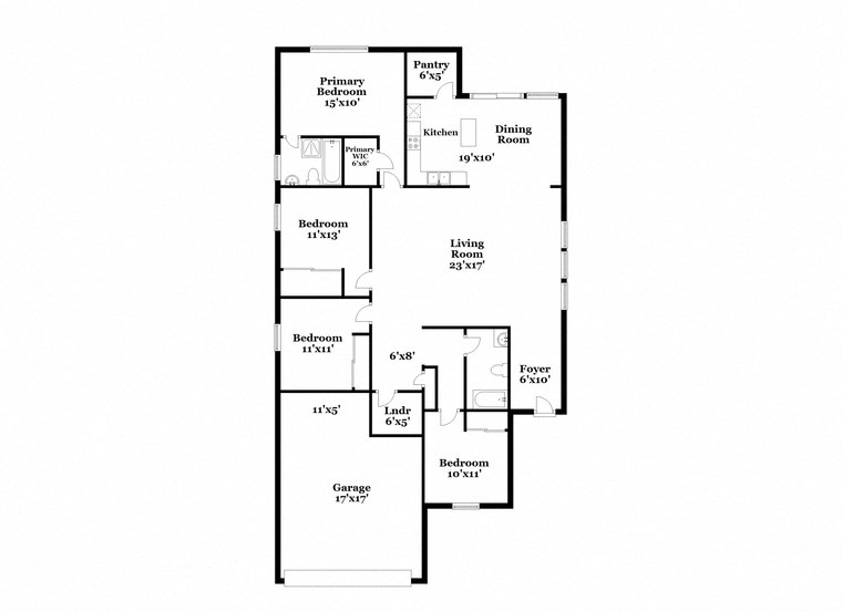 a floor plan of a home with a mix of bedrooms and baths and a garage