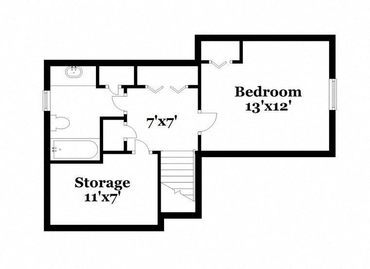 floor plan of the second level of the house with a bedroom and a storage area