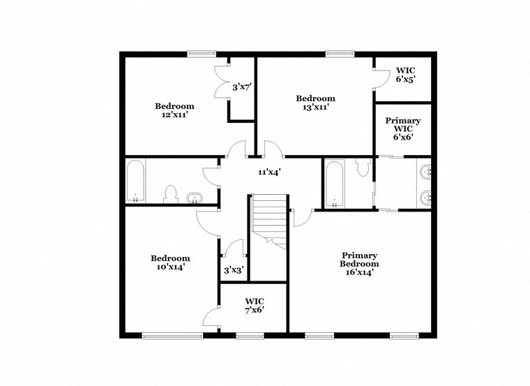 a floor plan of a house with a combination of bedrooms and baths