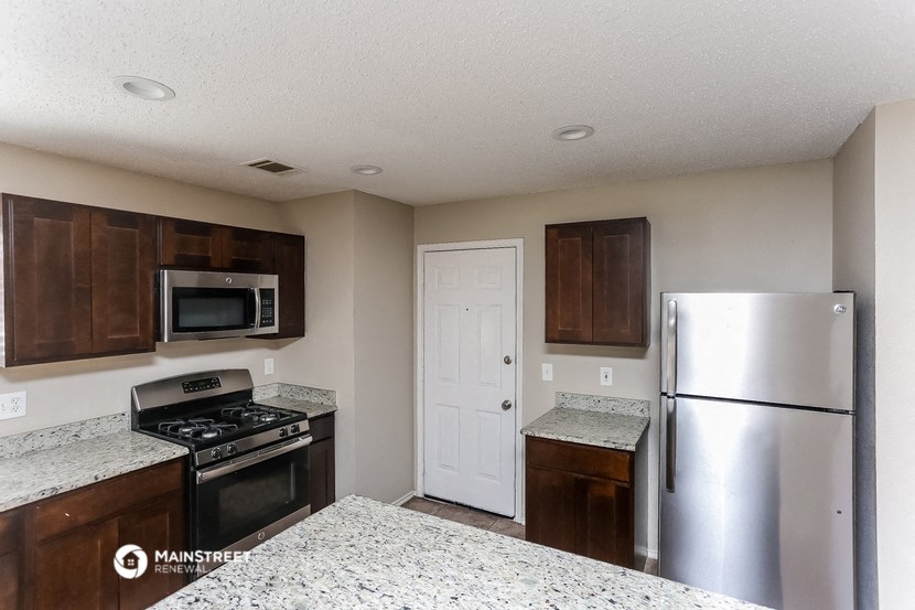 a kitchen with stainless steel appliances and granite counter tops