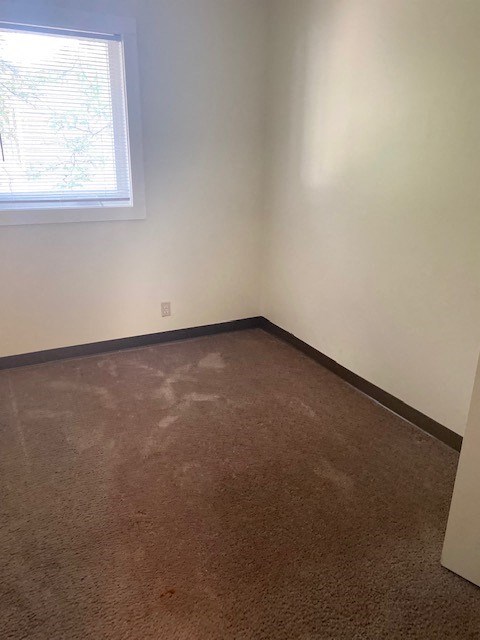 an empty room with a carpeted floor and a window