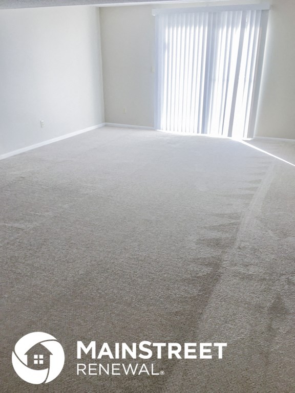 a carpeted living room with white walls and a window