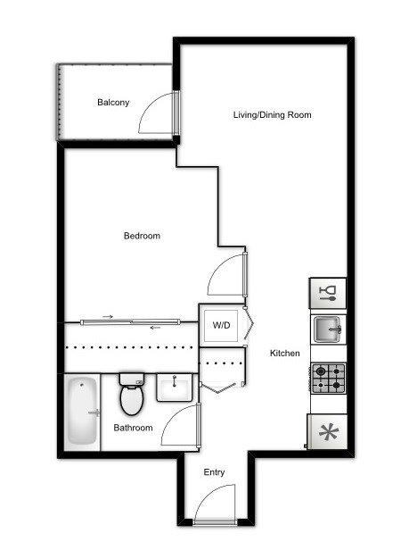 Floor plan of a 1 bed, 1 bath apartment at Novare in New Westminster, BC