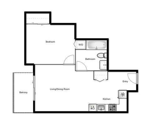 Floor plan of a 1 bed, 1 bath apartment at Novare in New Westminster, BC