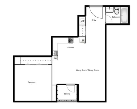 Floor plan of a 1 bed, 1 bath apartment at Novare in New Westminster, BC