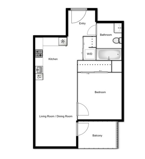 Floor plan of a 1 bed, 1 bath apartment at Novare in New Westminster, BC