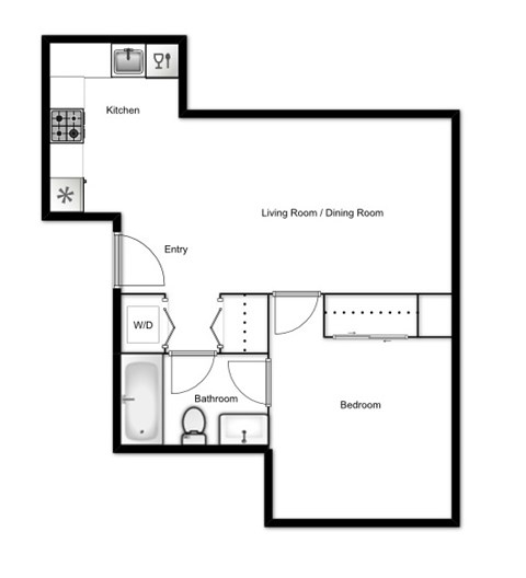 Floor plan of a 1 bed, 1 bath apartment at Novare in New Westminster, BC