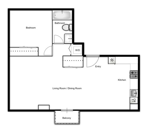Floor plan of a 1 bed, 1 bath apartment at Novare in New Westminster, BC