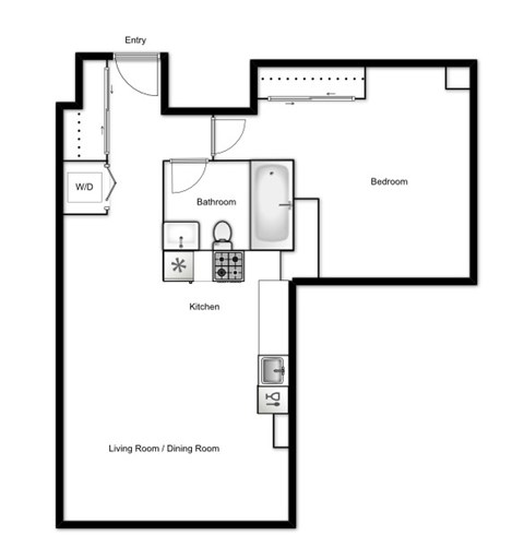 Floor plan of a 1 bed, 1 bath apartment at Novare in New Westminster, BC