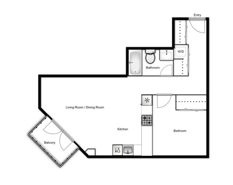 Floor plan of a 1 bed, 1 bath apartment at Novare in New Westminster, BC