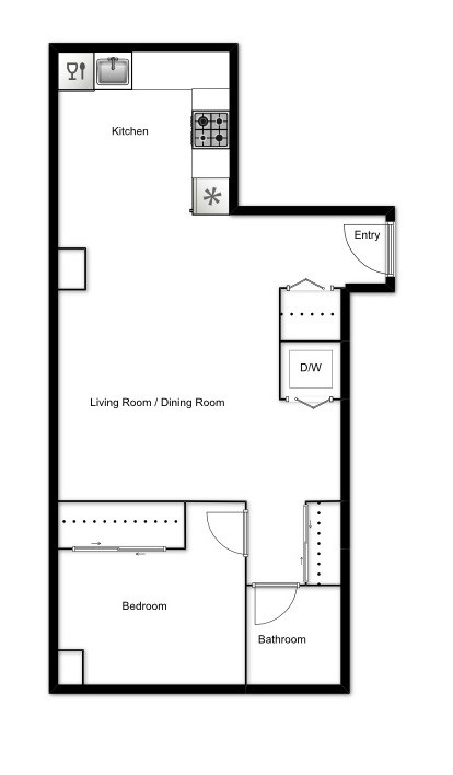 Floor plan of a 1 bed, 1 bath apartment at Novare in New Westminster, BC