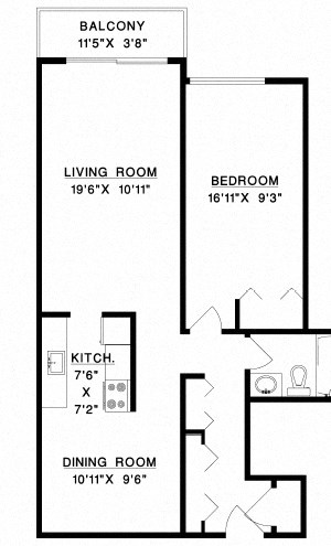 Enjoy open concept living in modern Vancouver suites Floor plan of a 2 bed, 1 bath, generous apartment with ample storage and balcony access at Bridgeview in Vancouver, BC