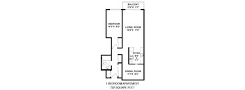 Floor plan of a 1 bed, 1 bath, balcony and amenity access at Bridgeview in Vancouver, BC