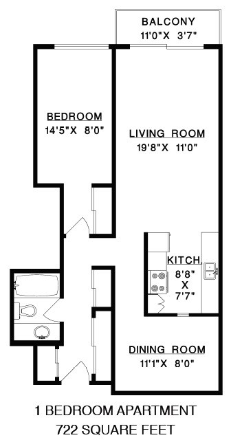 Floor plan of a 1 bed, 1 bath, balcony and amenity access at Bridgeview in Vancouver, BC
