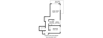 Floor plan of a 1 bed, 1 bath, open concept, modern apartment at Bridgeview in Vancouver, BC