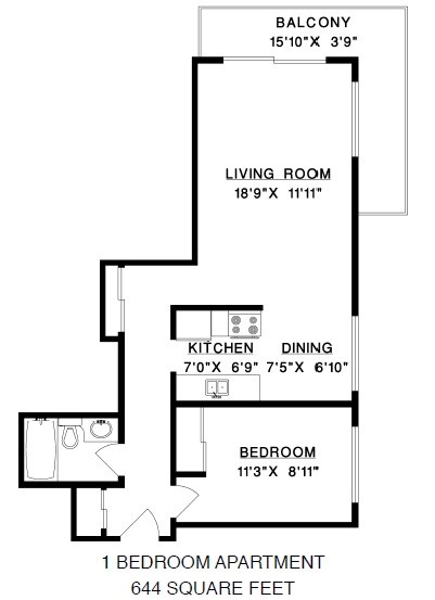 Floor plan of a 1 bed, 1 bath, open concept, modern apartment at Bridgeview in Vancouver, BC