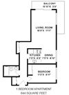 Relax in spacious, efficiently designed suites Floor plan of a 1 bed, 1 bath, open concept, modern apartment at Bridgeview in Vancouver, BC