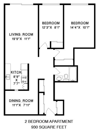 Floor plan of a 2 bed, 1 bath, generous apartment with ample storage at Bridgeview in Vancouver, BC