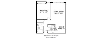 Floor plan of a 1 bed, 1 bath, generous, bachelor apartment at Citadel in Vancouver, BC