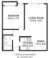 Enjoy spacious, open concept suites with city views Floor plan of a 1 bed, 1 bath, generous, bachelor apartment at Citadel in Vancouver, BC