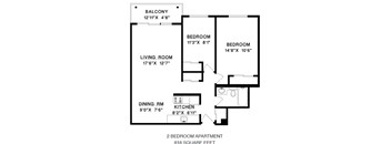 Floor plan of a 2 bed, 1 bath, open concept apartment with balcony access at Citadel in Vancouver, BC