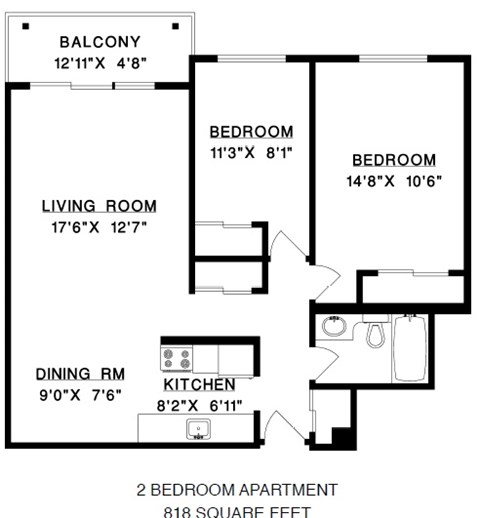 Floor plan of a 2 bed, 1 bath, open concept apartment with balcony access at Citadel in Vancouver, BC