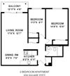 Feel at home in comfortable, spacious Vancouver suites Floor plan of a 2 bed, 1 bath, open concept apartment with balcony access at Citadel in Vancouver, BC