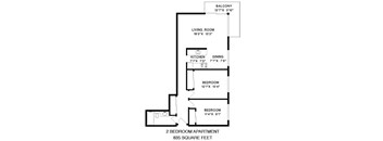 Floor plan of a 2 bed, 1 bath, generous contemporary suite with balcony access at Shoreview in Vancouver, BC