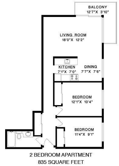 Floor plan of a 2 bed, 1 bath, generous contemporary suite with balcony access at Shoreview in Vancouver, BC