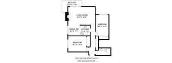 Floor plan of a 2 bed, 1 bath, comfortable suite with balcony access at Shoreview in Vancouver, BC